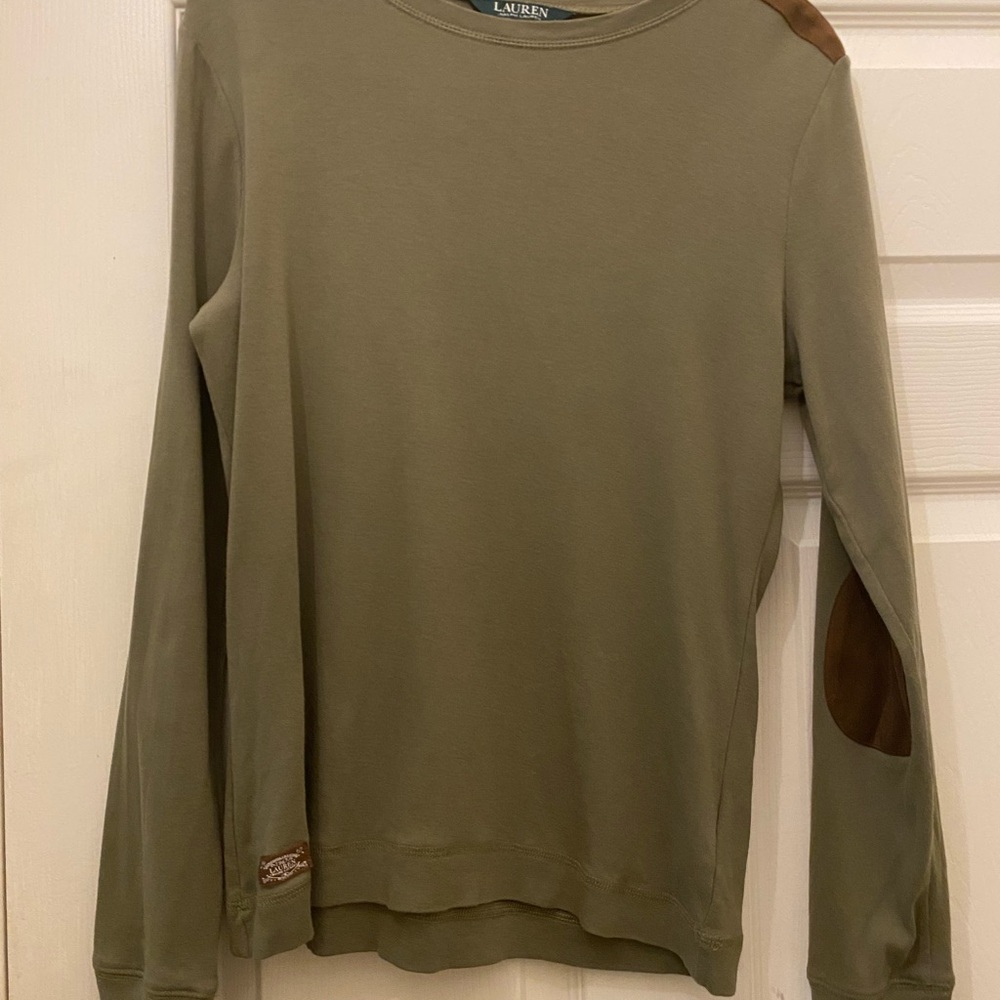 Large Ralph Lauren Green Crewneck Sweater with Brown Elbow Patches Like New